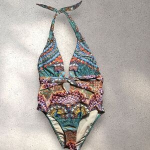 True Colours by LA Moda Clothing One Piece Plunge Neck Bathingsuit‎